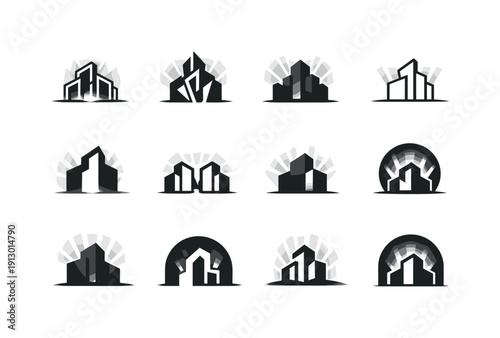 Architectural lighting. Icon set. Set Logo of architectural lighting: building outline with glow. harmonious logo variations of the same