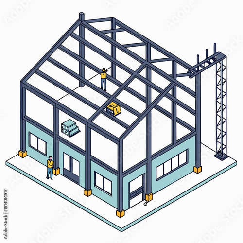 Factory Building Steel Frame Structure on White Background Illustration