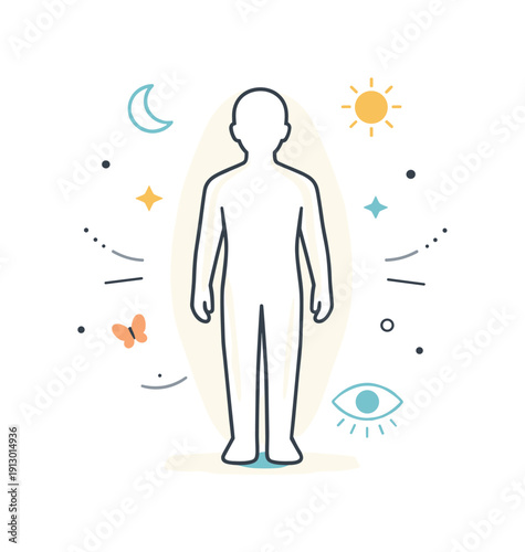 Human silhouette with inner glow. Clean editorial scene of a simple human figure outlined with a soft inner light, expressing intuition,