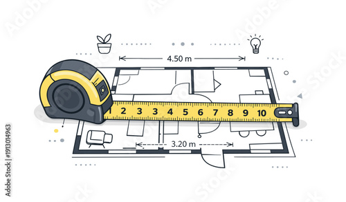 Precision in Design. Measuring tape on floor plan. A rolled measuring tape laid across a clean architectural floor plan, calm focus on dimensions and planning.