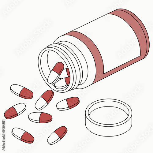 Medicine Bottle with Pills Scattered, Clean Realistic Style