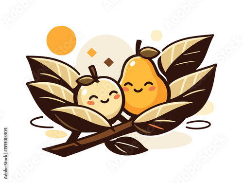   First signs of harvest. A close-up of young fruit growing on a tree, leaves framing the