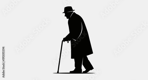 Elderly man walks slowly with cane in hand, silhouette illustration, profile view