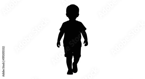 Silhouette of a young boy walking alone in a minimalist environment from a rear viewpoint illustration