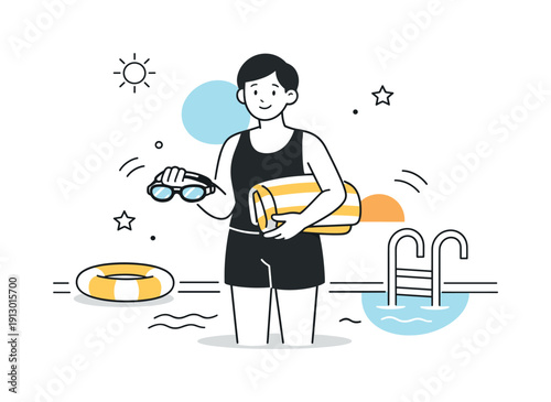 Pool accessories minimal. Person holding simple pool accessories like goggles and towel near the pool. Relaxed preparation moment and