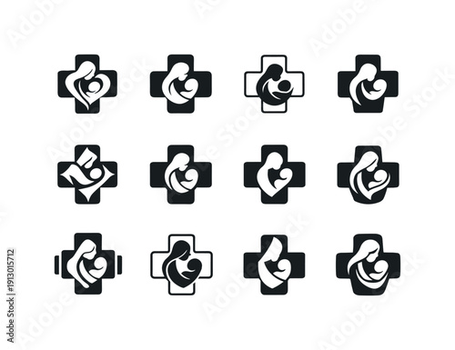 maternal and child health. Icon set. Set Logo of maternal and child health: healthcare cross with parent and baby. harmonious logo variations