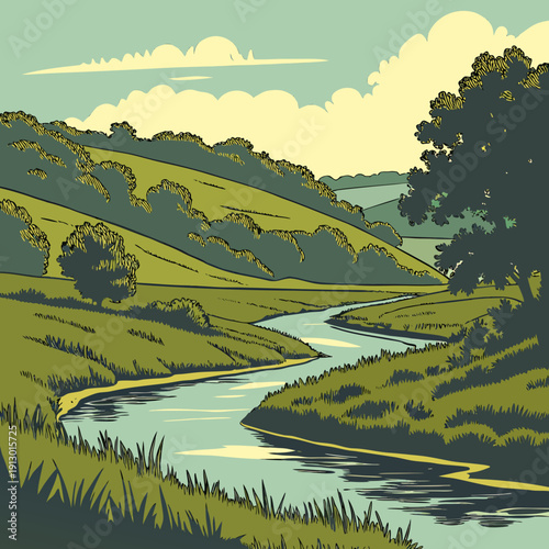 River Valley Landscape Design with Winding Water and Hills