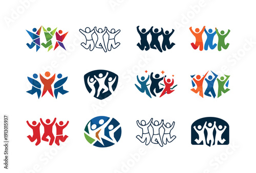 People celebrating. Icon set. Set Logo of people celebrating: group jumping in joy. harmonious logo variations of the same emblematic
