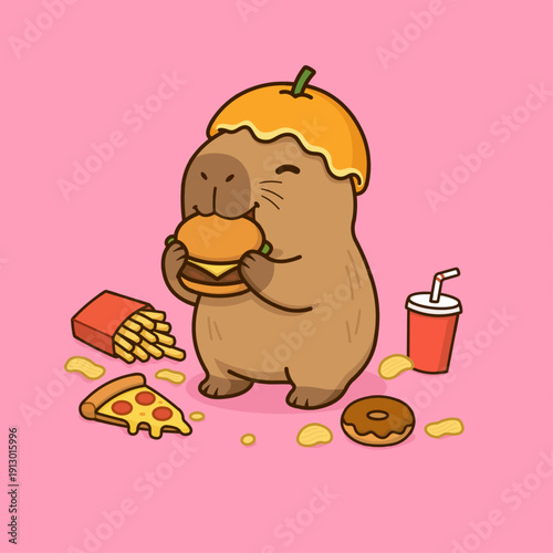 A playful and humorous vector illustration featuring a cute capybara wearing a unique orange peel helmet while enjoying a variety of messy junk food.