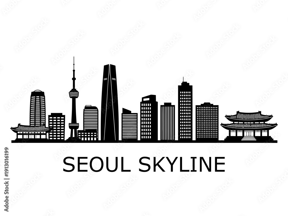 Obraz premium Seoul Skyline Silhouette Vector Illustration with Famous Landmarks.