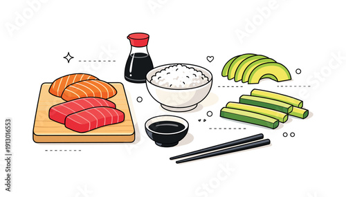 Minimalist Sushi Ingredients. Fresh sushi ingredients. A tabletop scene with fish slices, avocado, cucumber, rice bowl, and soy sauce, calm order and inviting