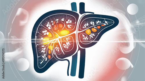 A medical illustration of a human liver cross-section against a light gray background with soft bokeh effects (3)_traced