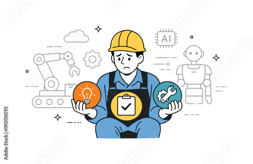 Balancing Skills and Automation. Job security and automation. A thoughtful editorial scene of a worker holding skill icons while automation symbols loom softly