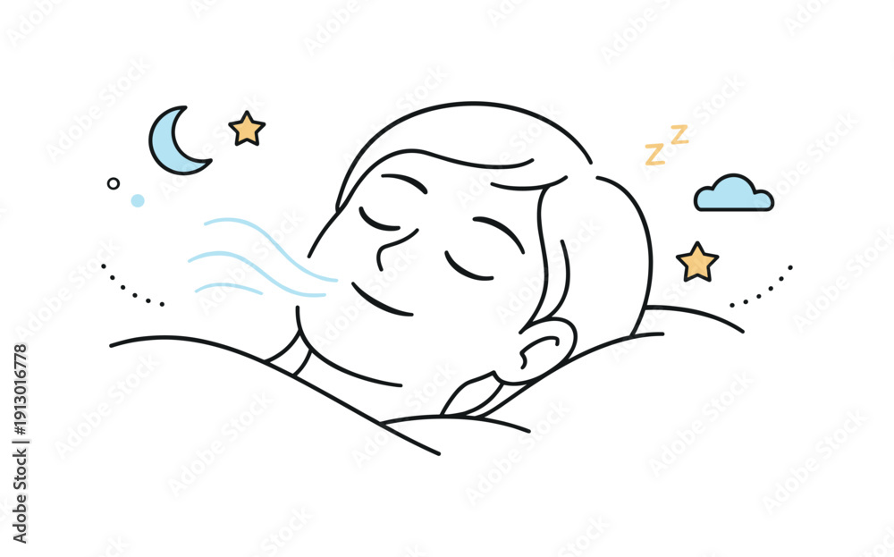 Obraz premium Restful sleep moment. Close-up style scene of a relaxed face with closed eyes, slow breathing suggested by curved lines. Serene editorial