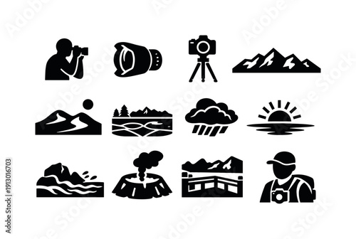 Landscape photography tour. Solid icon set of landscape photography tour: photographer silhouette, wide angle lens, camera on tripod,