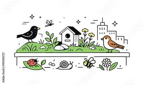 Biodiversity on rooftops. Birds, plants and small insects living on a green roof above city buildings. Quiet coexistence, urban nature and