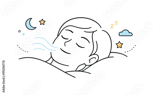 Restful sleep moment. Close-up style scene of a relaxed face with closed eyes, slow breathing suggested by curved lines. Serene editorial