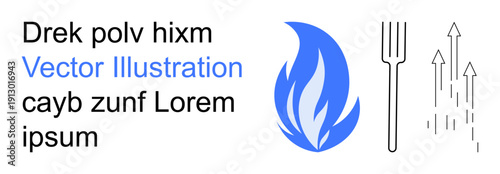 Energy concepts, growth, minimalism, design , progress, symbolism. Blue flame next to a fork and upward arrows. Energy concepts and growth symbolism visually