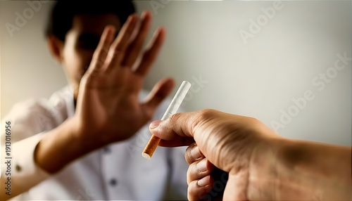 Close up of a man hand making stop gesture to refuse a cigarette. Concept for quitting smoking, healthy lifestyle, world no tobacco day, and healthcare awareness for better lungs.