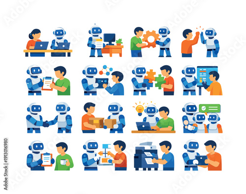   Collaborative robots. Colorful flat vector icons set of Collaborative robots: co-working
