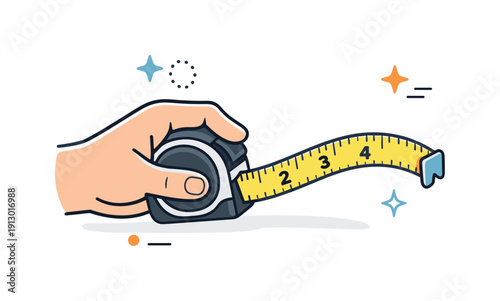 Measuring tape in hand. A simple hand holding a measuring tape, partially extended and softly curved. The illustration conveys focused work,