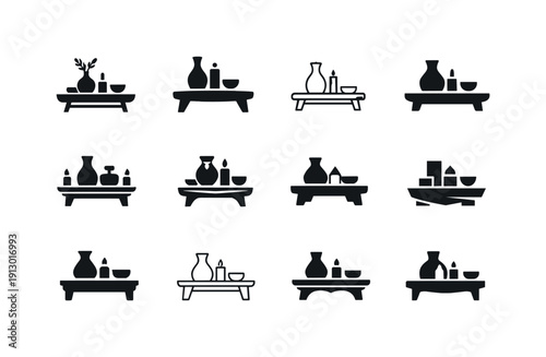 Placing decorative trays on tables. Icon set. Set Logo of placing decorative trays on tables: minimalist tray styling arrangement. harmonious