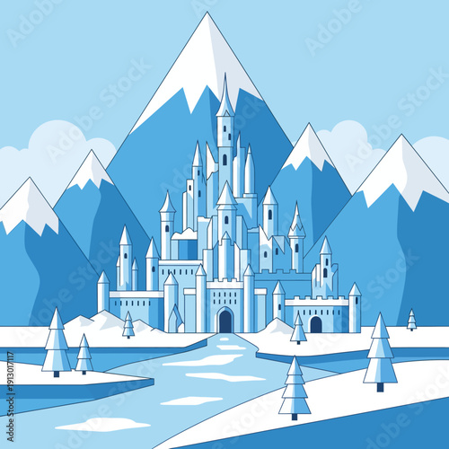 Large Ice Palace in Snowy Mountains.