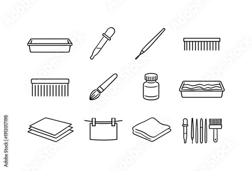 Traditional marbling tools. Line icon set of Traditional marbling tools: marbling tray container, paint dropper, fine stylus tool, rake comb