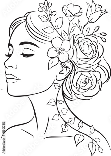Elegant woman profile vector illustration featuring a floral hairstyle and minimalist line art design for fashion and beauty glamour.