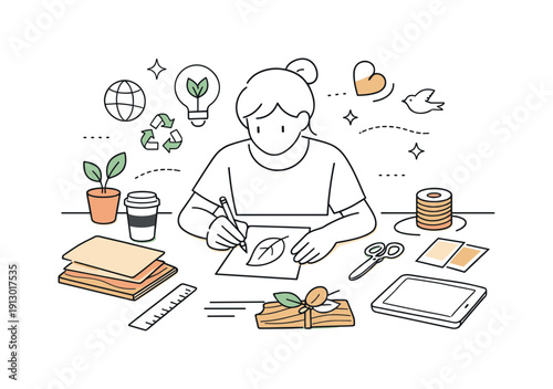 Inspirational design with ecology materials trend. A designer working with recycled paper, wood, and natural textures on a clean desk. Calm