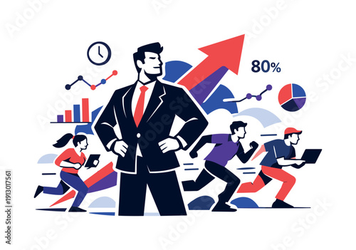 Dynamic Leadership Vision. Leadership in high-performance industries. A confident leader stands at the front