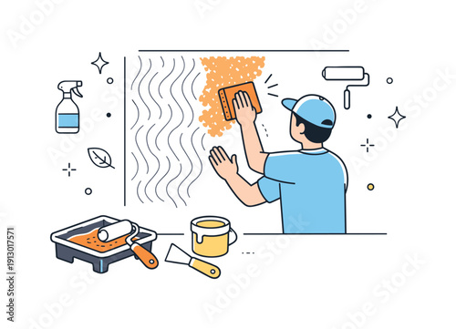 Decorative wall finishing. A person applying textured paint or pattern treatment to a wall, with simple tools nearby. The scene conveys