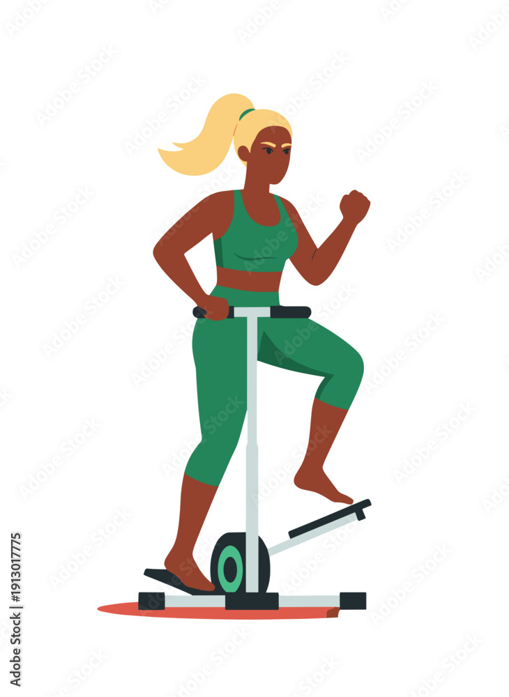 Fototapeta premium woman doing step aerobics, stepper platform workout, cardio fitness training, female endurance exercise, home gym routine, healthy active lifestyle, aerobic workout session, sporty woman exercising, w