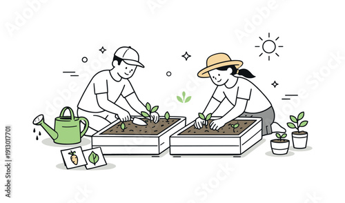 Home vegetable gardening. Two people working together to plant vegetables in raised beds, watering can and seed packets placed neatly around.