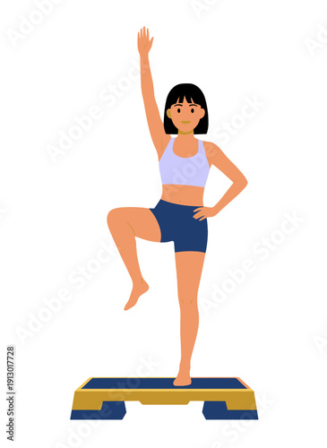 woman doing step aerobics, stepper platform workout, cardio fitness training, female endurance exercise, home gym routine, healthy active lifestyle, aerobic workout session, sporty woman exercising, w