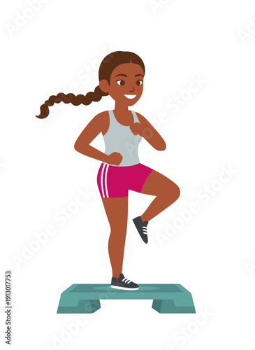 woman doing step aerobics, stepper platform workout, cardio fitness training, female endurance exercise, home gym routine, healthy active lifestyle, aerobic workout session, sporty woman exercising, w