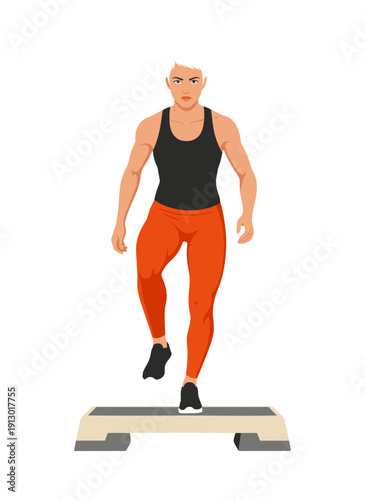 woman doing step aerobics, stepper platform workout, cardio fitness training, female endurance exercise, home gym routine, healthy active lifestyle, aerobic workout session, sporty woman exercising, w