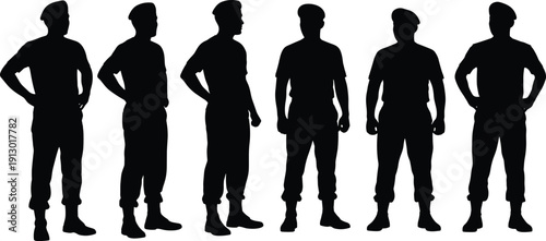 Black silhouettes of men in various poses white background standing