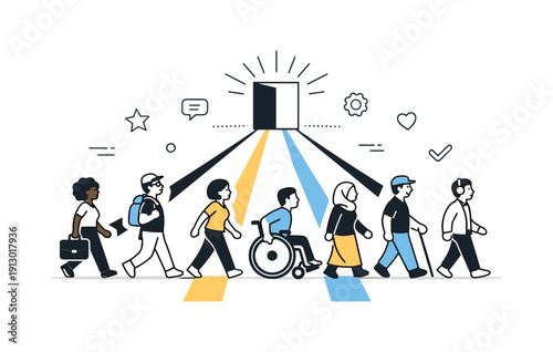 Inclusive hiring practices. A hiring pipeline visualized as equal paths leading to one opportunity, with diverse characters moving forward