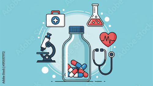 A medical illustration on a light turquoise background featuring a large clear glass medicine bottle with a blue screw cap in the center (3)_traced