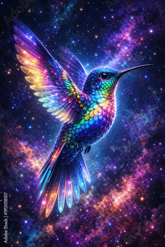 Vibrant hummingbird soaring through colorful galaxy with starry night sky