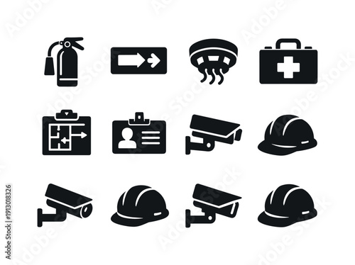   Corporate workspace safety. Filled icon set of Corporate workspace safety: fire extinguisher