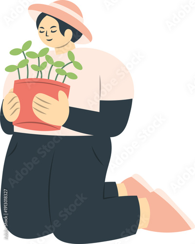 Person Tending to Potted Plant