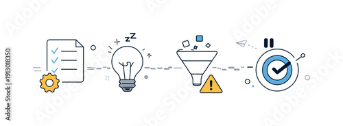 Inactive workflow pipeline. An editorial illustration showing broken or faded connections between pipeline steps, with no active movement.