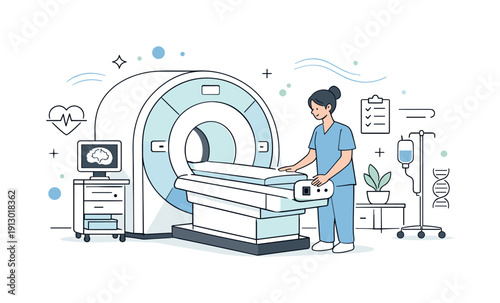Modern Medical Imaging. Medical imaging devices. A calm hospital room with a modern imaging machine and a healthcare professional preparing the scan, showing