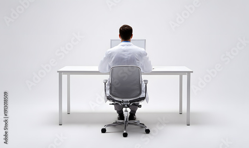 A doctor working on a laptop with his back to the camera in full view