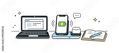 Minimal Tech Workspace. Modern desk charging. Wireless charger placed beside a laptop and notebook, suggesting tech-integrated daily life. Friendly, minimal