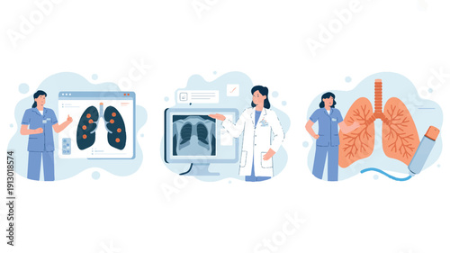 A medical illustration set of three connected scenes in a flat design style with a light blue and white color scheme (4)_traced