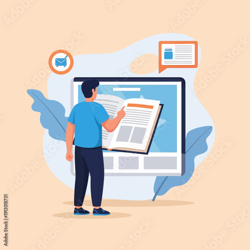 Man interacting with large computer screen.