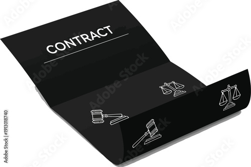 Black contract box with law icons, minimal flat vector illustration of legal documents